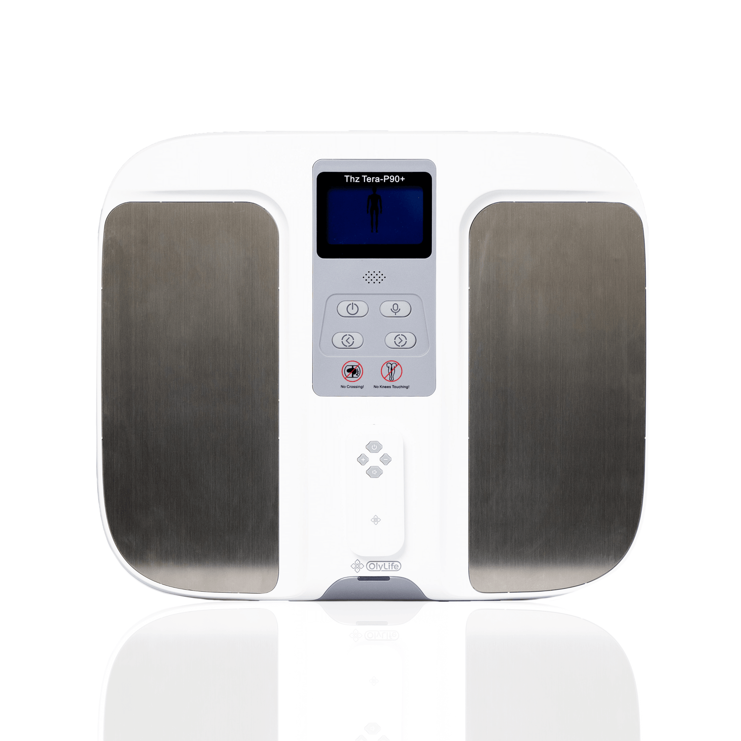 OlyLife Tera-P90+ PEMF therapy machine front view showcasing advanced wellness technology and grounding benefits