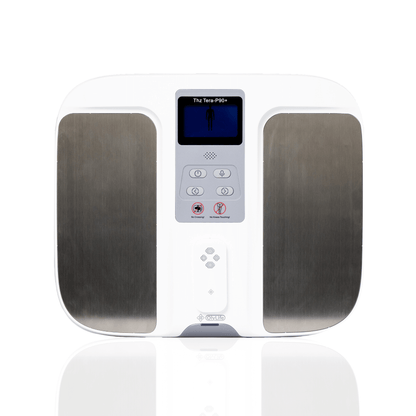 OlyLife Tera-P90+ PEMF therapy machine front view showcasing advanced wellness technology and grounding benefits